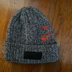 Gray Knit Beanie with Red Logo